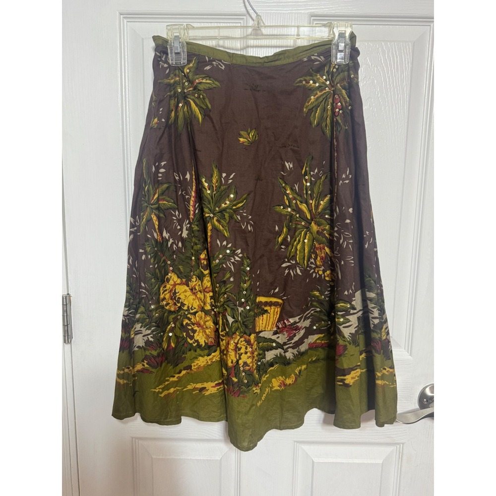 Goodclothes Tropical Palm Tree Sequin Cotton Midi Skirt Brown Green Small